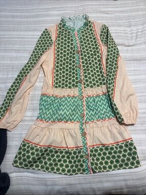 SHEIN Green & Cream Patchwork Long Sleeve Dress